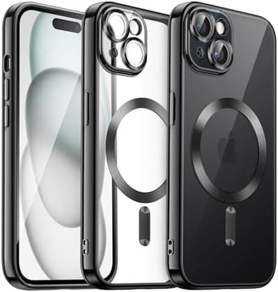 Plugtech TPU Designed for iPhone 15 Luxury Electroplating Case [Magnetic MagSafe] [Integrated Lens Protection] Back Cover Case for iPhone 15 (Black)