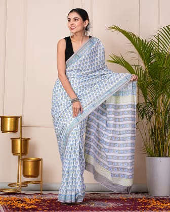 White Block Printed Cotton Saree