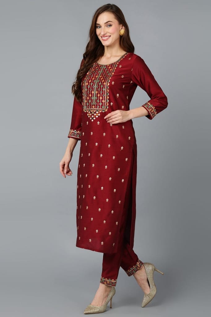 Latest Women Maroon Silk Blend Embroidered Kurta Pant With Dupatta VKSKD1757 2026 at ShopCircuit