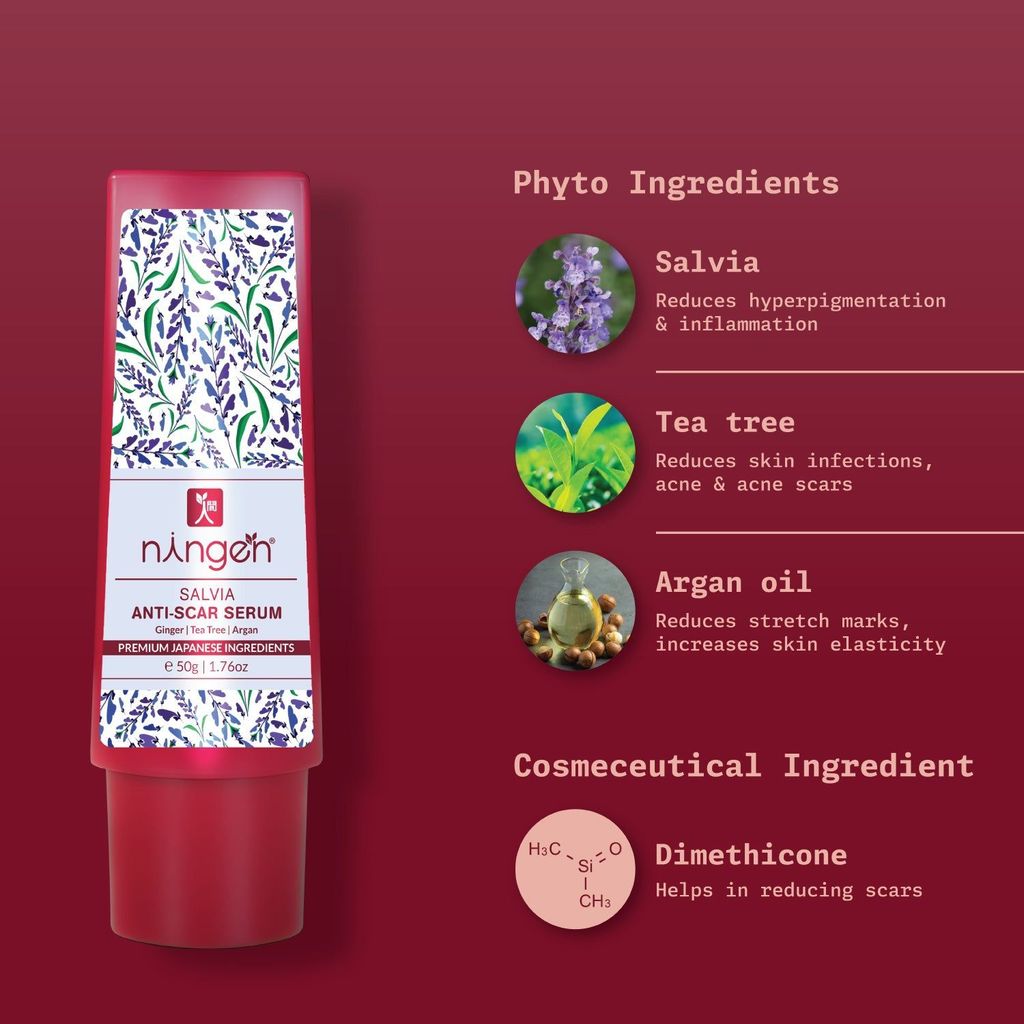 Ningen Salvia Skin Clarifying Anti-Scar Face Serum I With Essence of Ginger, Tea Tree & Argan I Dermatologically Tested, Paraben Free I Treats Prolonging Scars and Stretch Marks I 50g