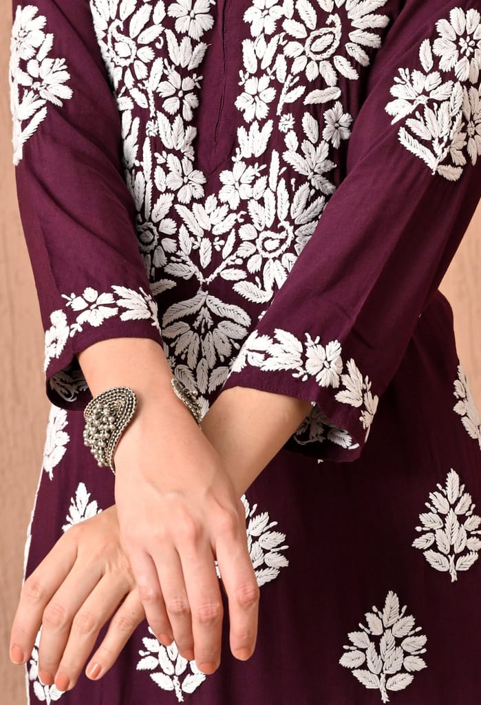 Hand Embroidered Chikankari Plazo Set 3d Work- Wine