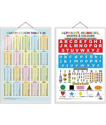 Set of 2 Multiplication Table 1-20 and Alphabet, Numbers, Shapes & Colours Early Learning Educational Charts for Kids | 20"X30" inch |Non-Tearable and Waterproof | Double Sided Laminated | Perfect for Homeschooling, Kindergarten and Nursery Students