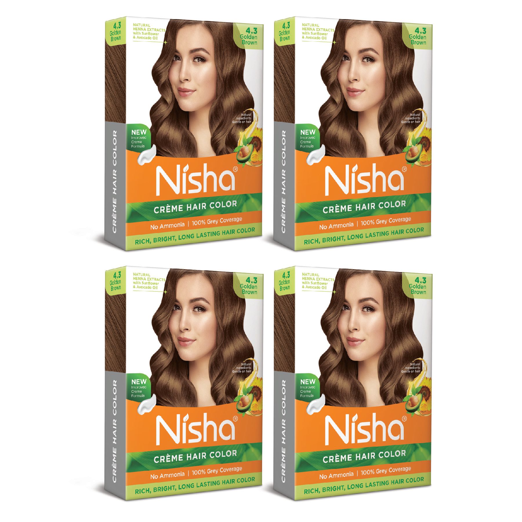 Nisha Creme Hair Color Golden Brown 40gm Pack of 4, Permanent Hair Color for Women Men, No Ammonia, 100% Grey Coverage