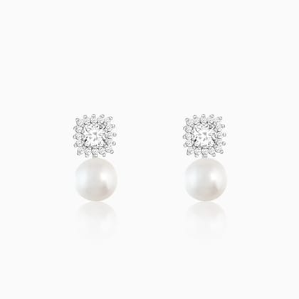 Silver Studded Drop Pearl Stud Earrings