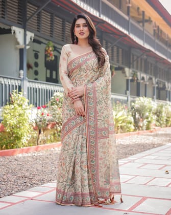 Ivory Handloom Cotton-Linen Saree with Floral and Peacock Motifs, Zari Highlights, and Tassel Finish-Regular
