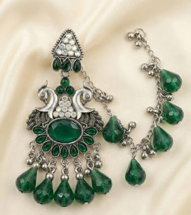 Vardaan Crystalx Exquisite oxidized silver Sahara earring featuring vibrant green crystals and intricate detailing, perfect for every women.