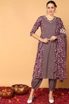 Magenta Pure Cotton Floral Printed Flared Kurta Salwar With Dupatta VKSKD2087