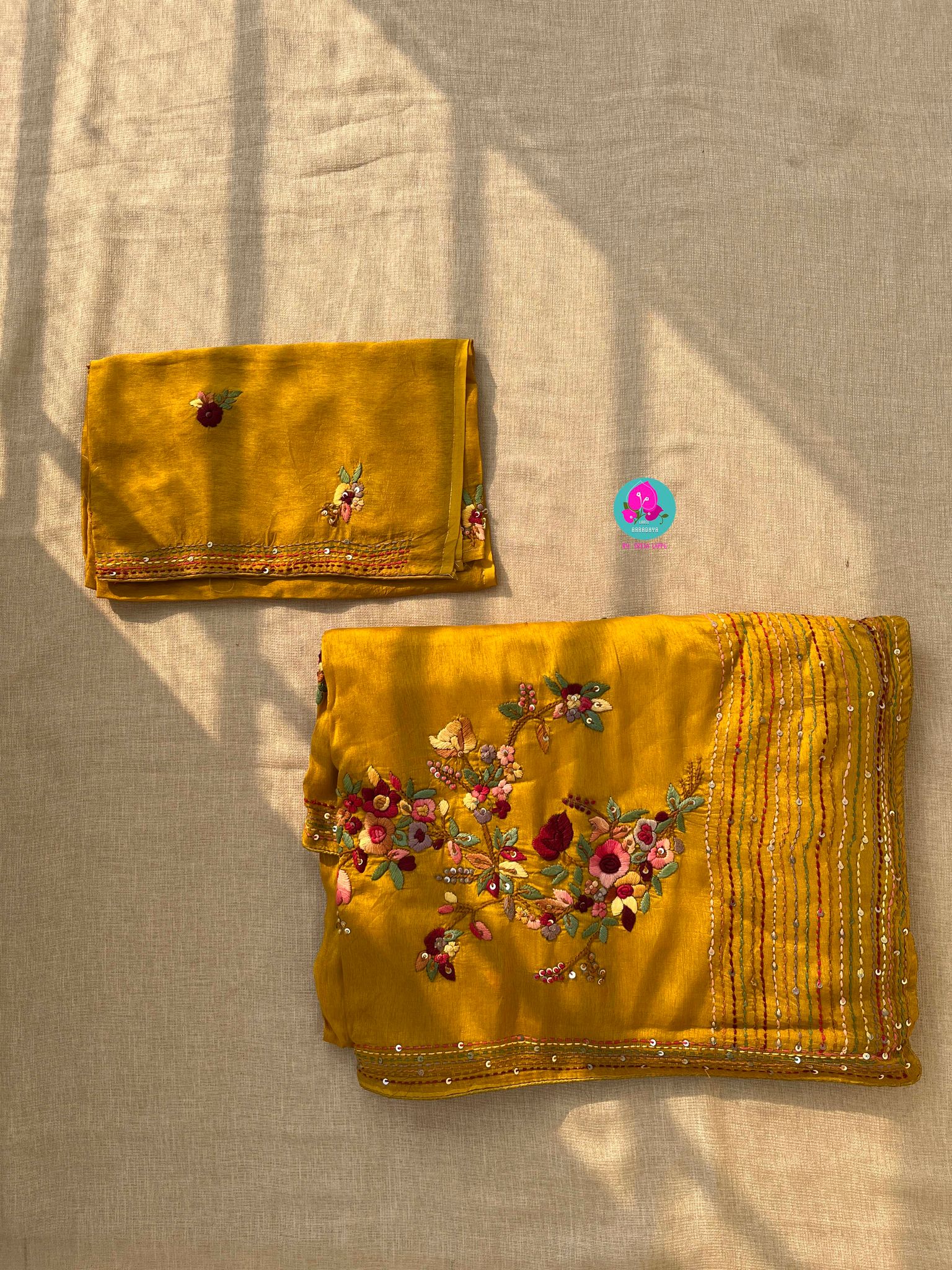 Hand embroidered Russian silk saree