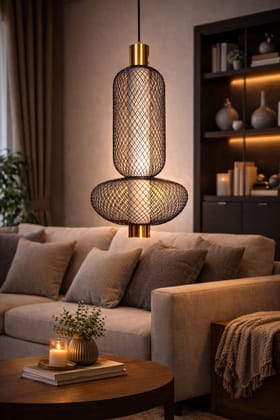 SPARKWORLD Modern Hanging Pendant Light | Designer Mesh Ceiling Lamp with Gold Finish | Decorative Light for Living Room, Dining, Restaurant & Café