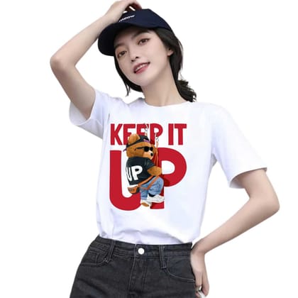 Womens Casual Cotton Round Neck Half Short Sleeve Printed T-Shirt White (Size 2XL)