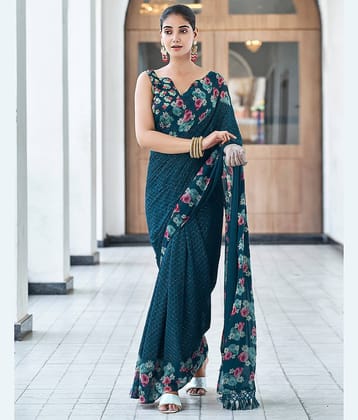 Satrani Georgette Embroidered Saree With Unstitched Blouse Piece ( Rama )