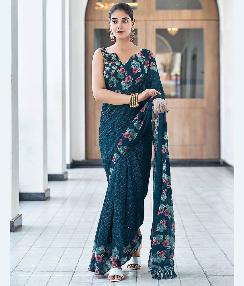 Satrani Georgette Embroidered Saree With Unstitched Blouse Piece ( Rama )