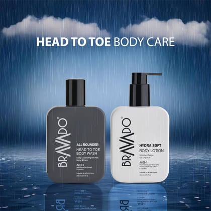 BRAVADO Hydrating Body Care Set, All Rounder Head to Toe Body Wash and Hydra Soft Body Lotion |Deep Cleansing, Moisturizing,Anti-Ageing, Sun Protection,Shower Gel,Facewash, Hair Wash-Pack of 2 | 400ml