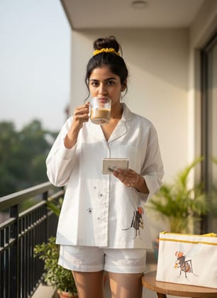 Ivvory Designer Revere Shorts Set (Size S, Mosquito Print) | 100% Cotton Hand Embroidered | Quirky Nightwear