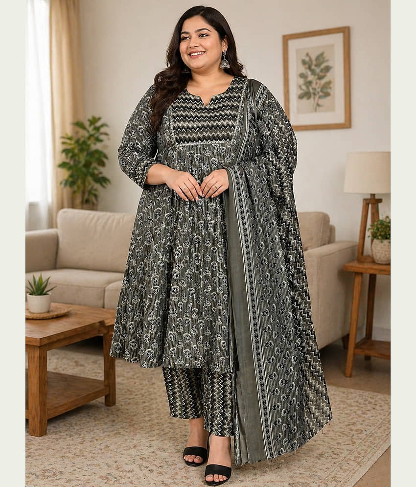 Wonder Weaves Women Cotton Blend Printed A-line Kurti With Pants ( Grey )