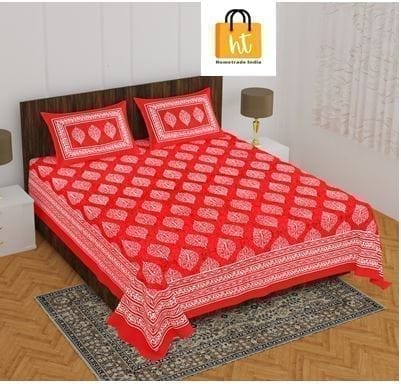 3001-Hometrade India-Standard King Size (90*108 Inches)-Pure Cotton Jaipuri Double Bedsheet With Matching Pillow Cover