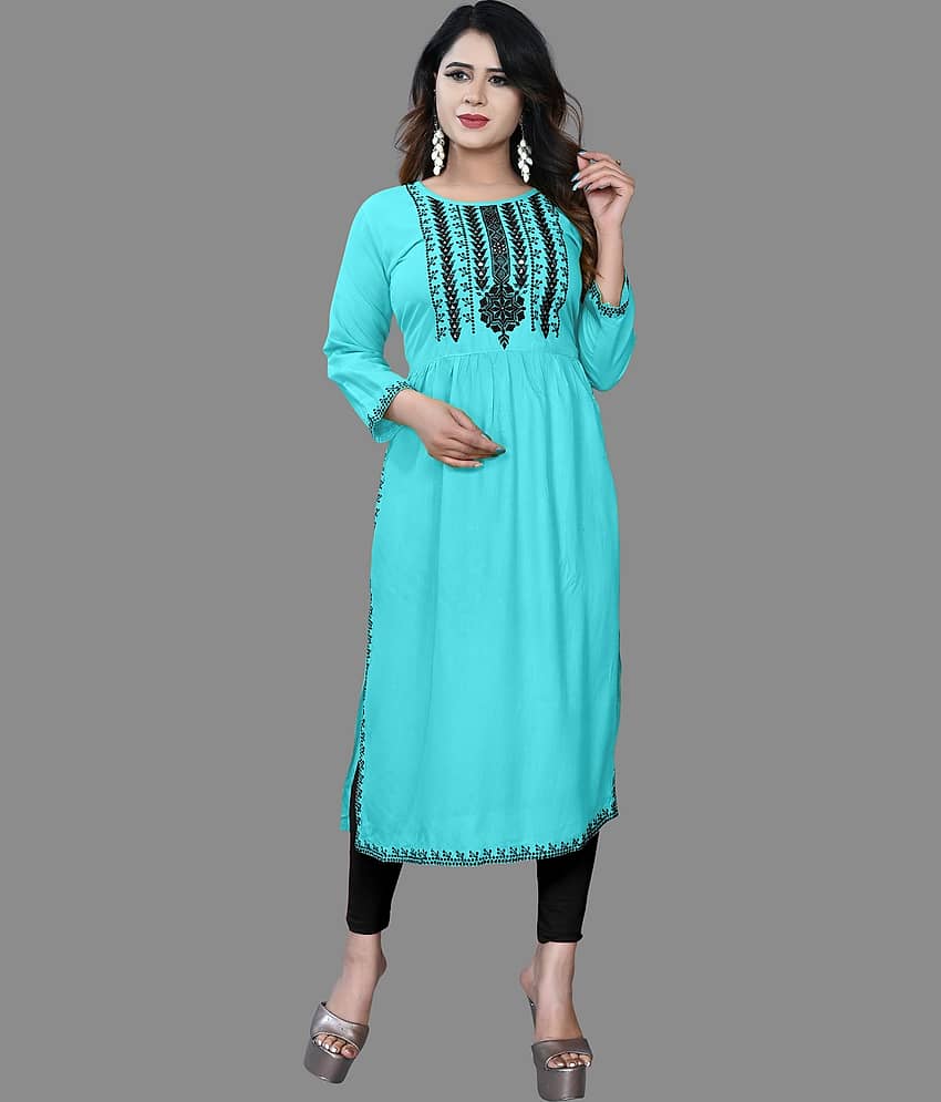 HAYA - Turquoise Rayon Women's Straight Kurti ( Pack of 1 )