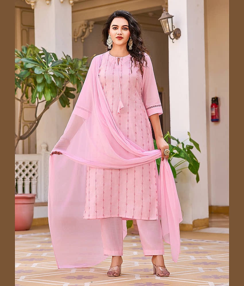 VIBEVISION Cotton Blend Embroidered Kurti With Pants Women's Stitched Salwar Suit - Pink ( Pack of 1 )