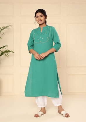 Persian Green Solid Cotton Kurta-S