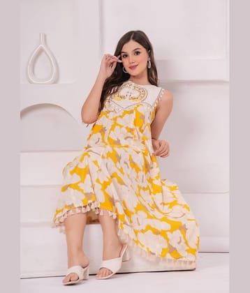 JC4U Women Cotton Self Design Fit & Flare Dress ( Mustard )
