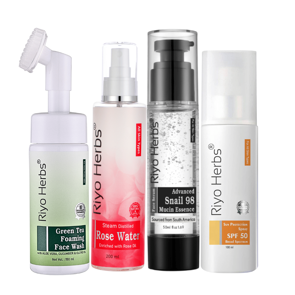 Green Tea Foaming Facewash, Rose Water, Snail Mucin & SPF50 Spray Combo