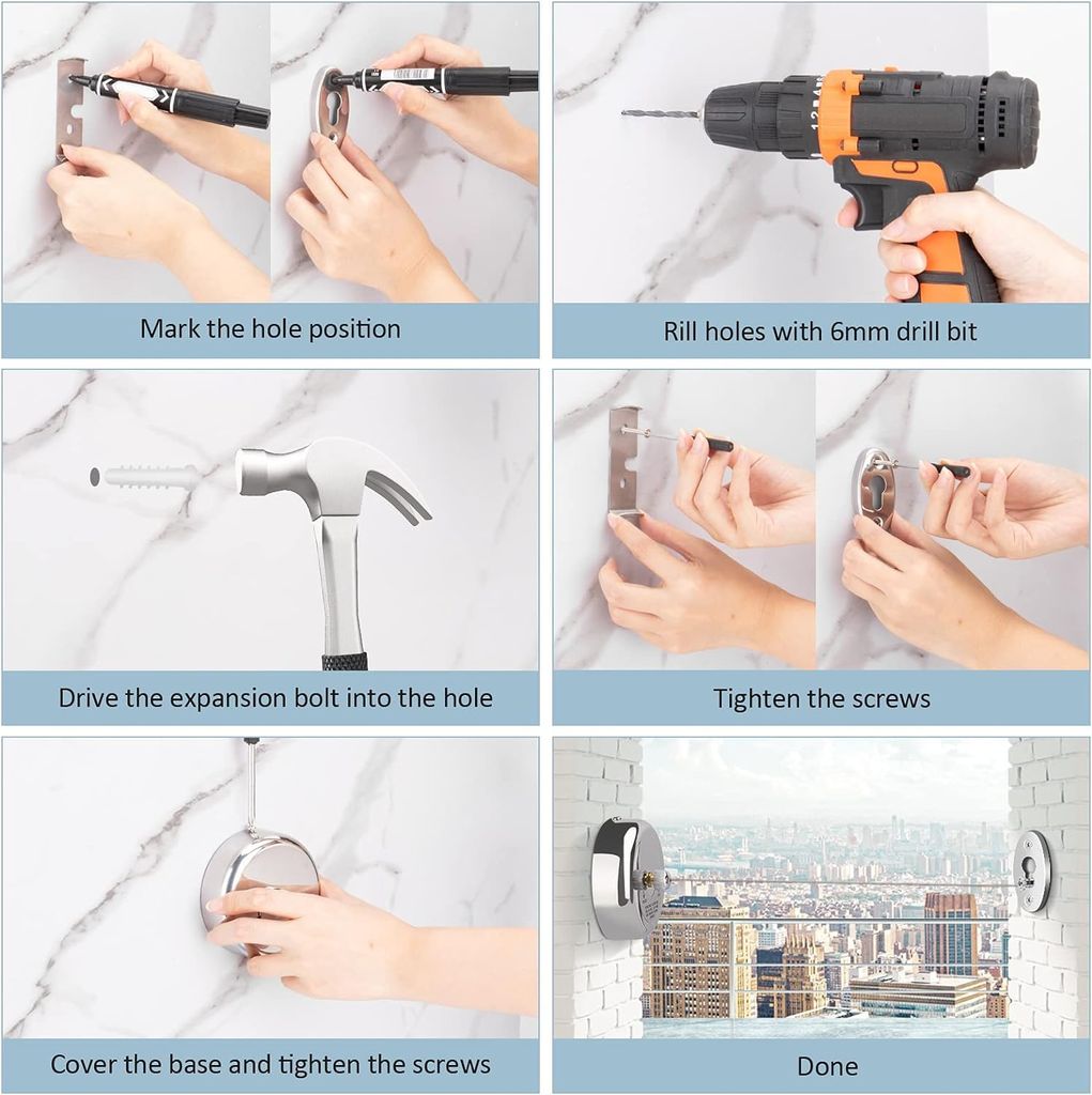 Stainless Steel Retractable Adjustable Clothesline, Lockable Hanging Washing Line, Wall-Mounted Wire Clothes line/Cloth Line Laundry Drying Rope for Indoor/Outdoor/Balcony (Silver) (Pack of 1)