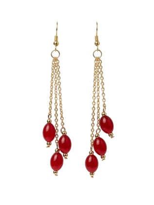 Long Red Beaded Multi-Chain Tassel Earrings - Glamorous Party Wear Dangle Jewellery for Women