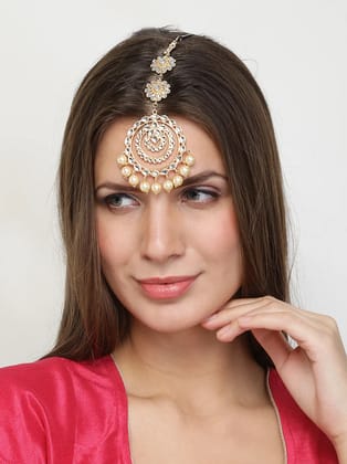 Traditional Gold-Plated Oversized Chandbali Kundan-Studded Maang Tika