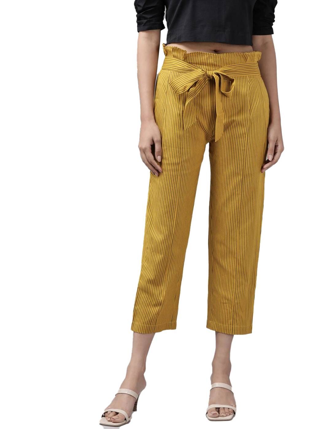 Womens Casual Printed Cotton Flex Trouser Pant Size L (Mustard)