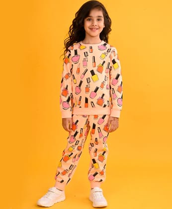 NAIL PAINT PEACH GIRLS SWEATSHIRT FLEECE JOGGER SET - PEACH-0-6 MONTHS / 2N / PEACH