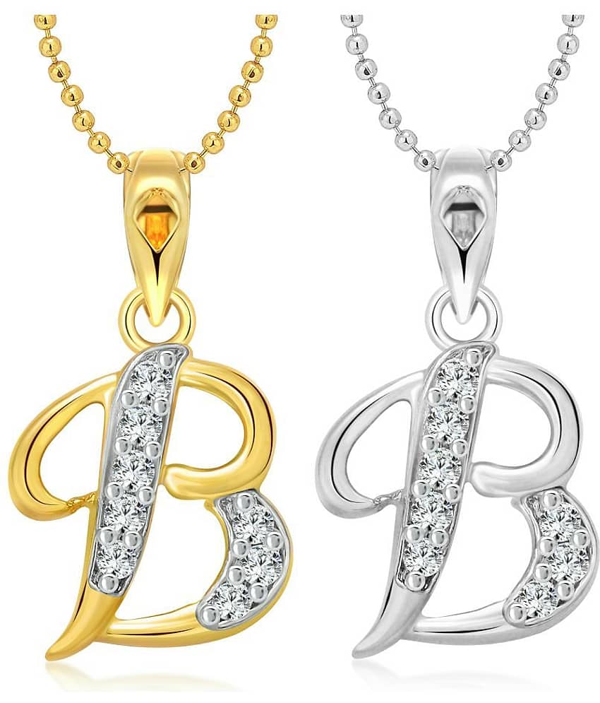 Vighnaharta "B" Letter Selfie CZ Gold and Rhodium Plated Alloy Pendant with chain for Girls and Women.