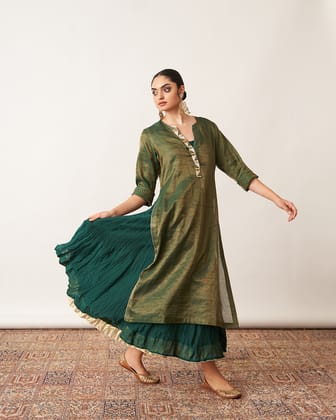 The Bottle Green Silk Tissue Chanderi Kalidaar Ensemble-XXS