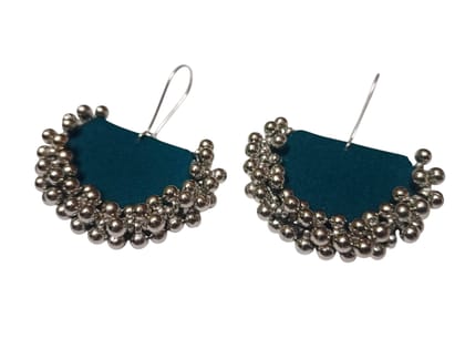Elegant Teal Fabric Earrings with Silver Ghugaroo Beads