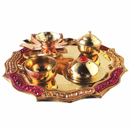 Brass Pooja Thali Fancy Pink (ZMAS537 A)