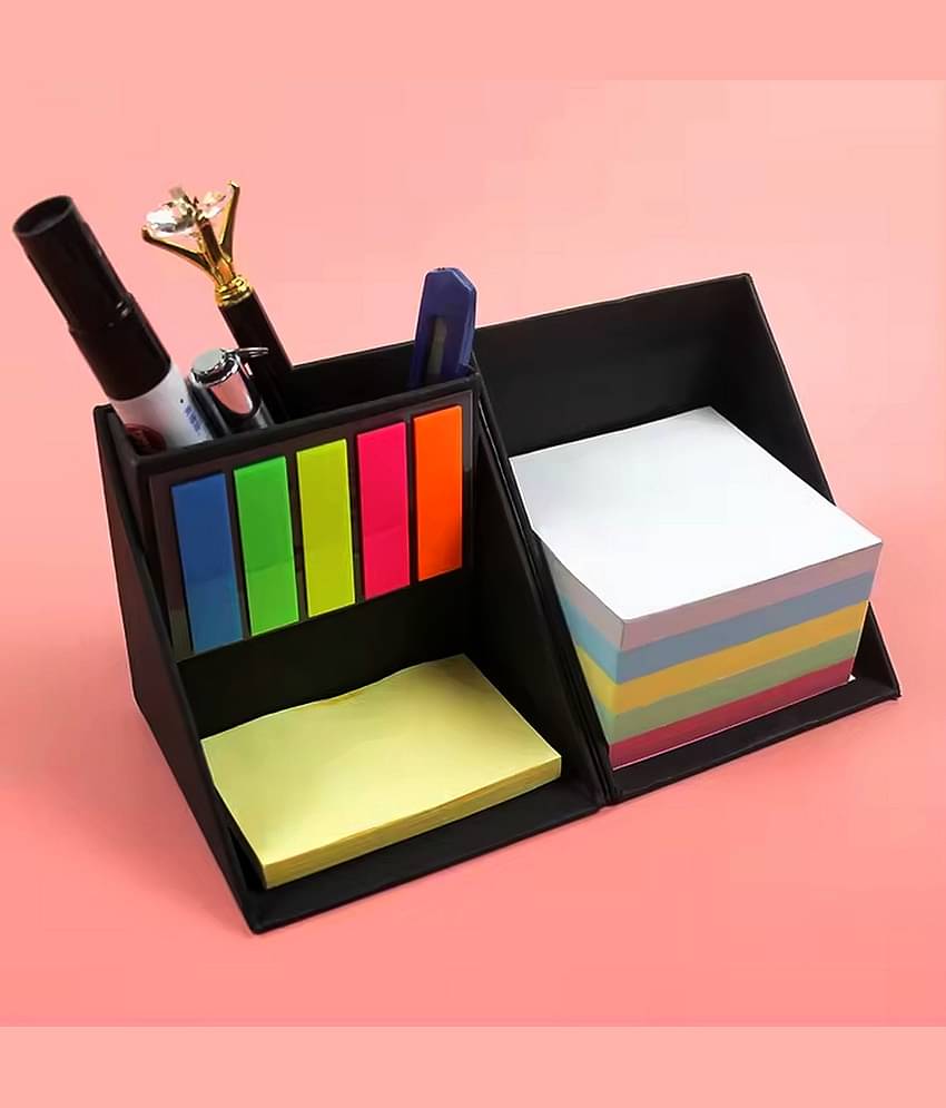 UJJi Multi-Purpose Stationery Cube, 5 Layers Sticky Note Holder with Pen, Pencil Tray, Colorful Posters, Black