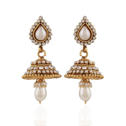 Gold-Plated Teardrop Pearl Jhumka Earrings with Rhinestone Accents