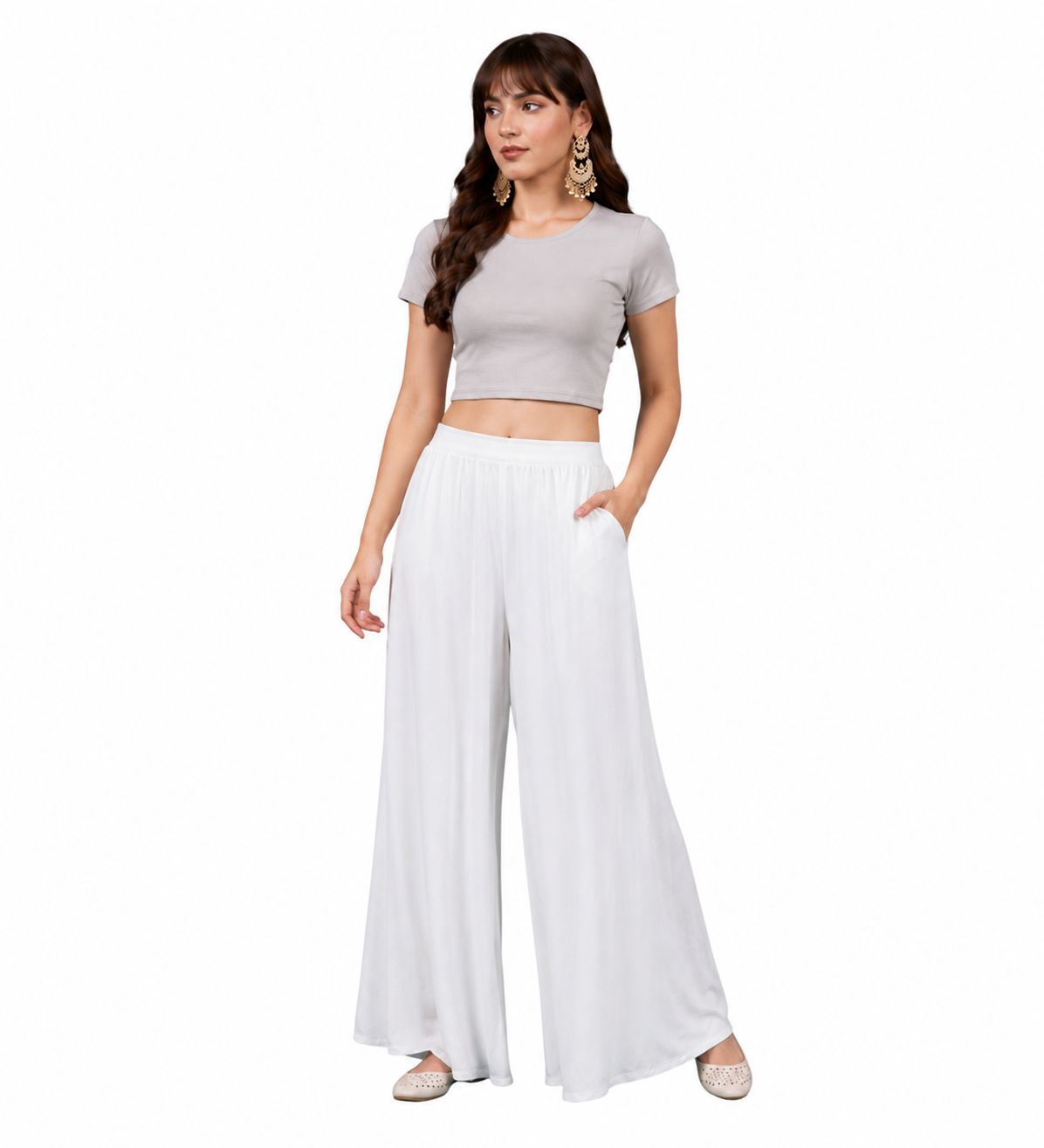 Generic Women's Georgette Solid Mid-Rise Wide Leg Flared Palazzo Pants with Elastic Waist, Ankle Length Trousers for Daily, Office and Casual Wear (White, L, Pack of 1, Design 67557)