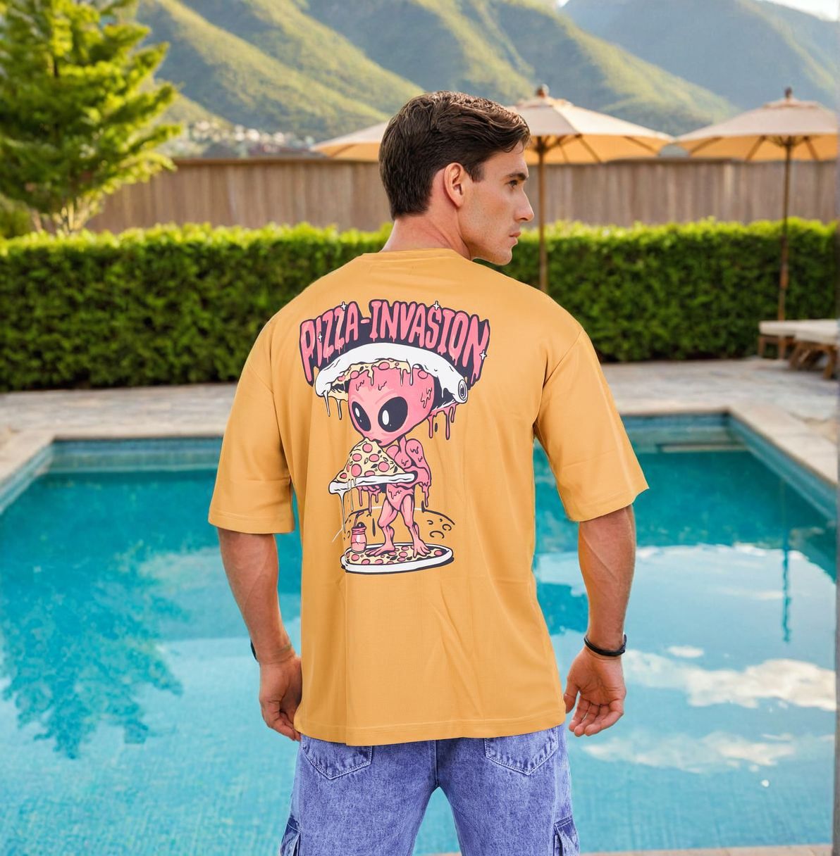 Yellow Pizza Invasion Back Print Oversized T-shirt