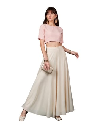 Generic Women's Georgette Solid Mid-Rise Wide Leg Flared Palazzo Pants with Elastic Waist, Ankle Length Trousers for Daily, Office and Casual Wear (Cream, XL, Pack of 1, Design 67553)