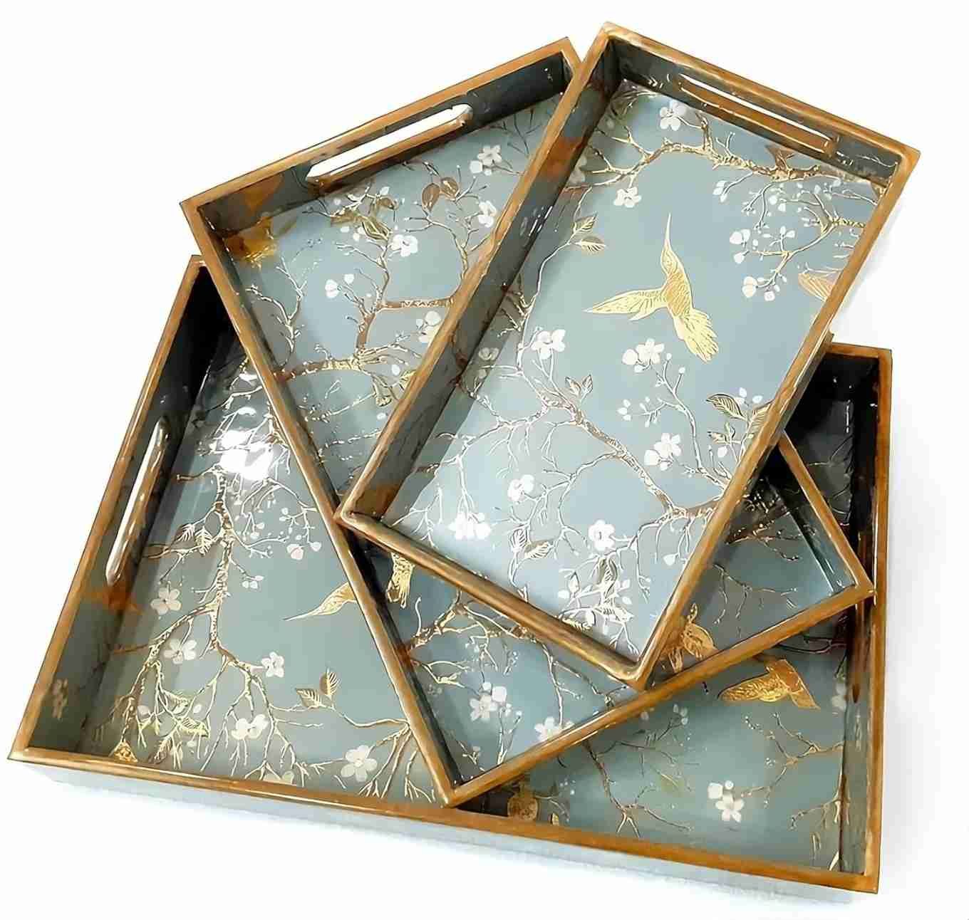 Woodworks Wooden Serving Trays with Handle Set of 3 Rectangular Tea Breakfast Platter Bathroom Decor Kitchen Bedroom Personal Tiered Trays Set