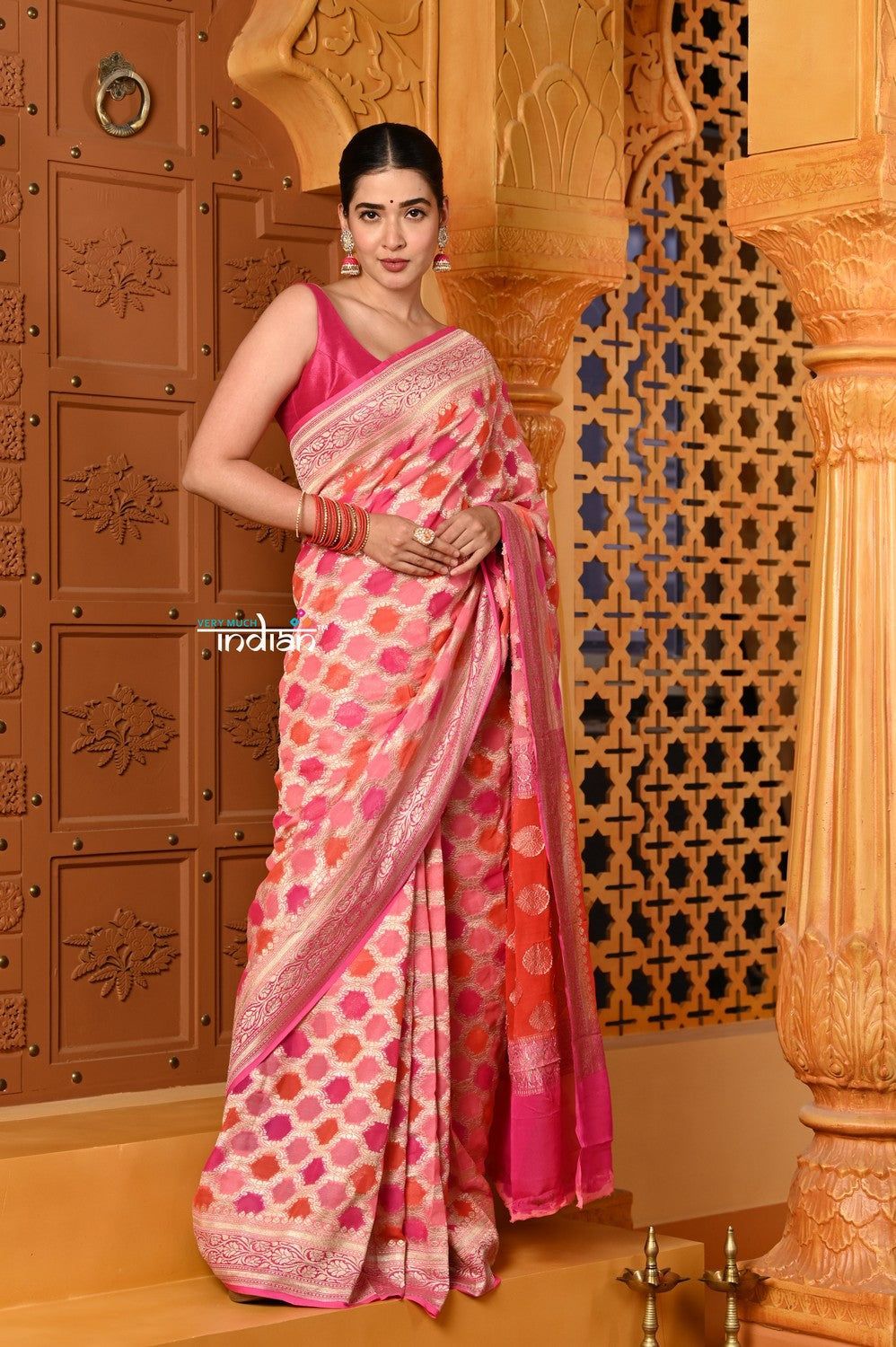 Shubh ~ Handloom Khaddi Georgette Saree With Hand Paint ~ Blush Pink Orange