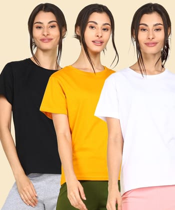 Young Trendz Womens Regular Fit Combo Solid Tshirt-S / White Mustard Black
