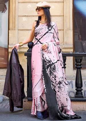 Rose Pink Satin Crepe Digital Printed Saree