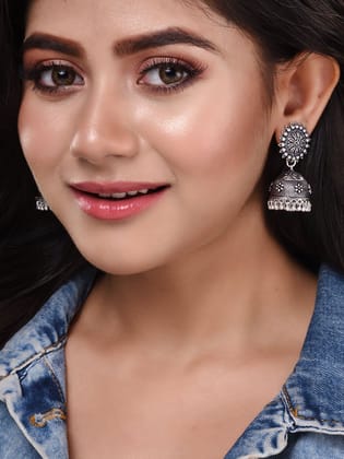 Silver Toned Oxidised Jhumka Earrings