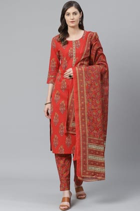 Plus Size Red Floral Printed Polyester Straight Suit Set PKSKD1067