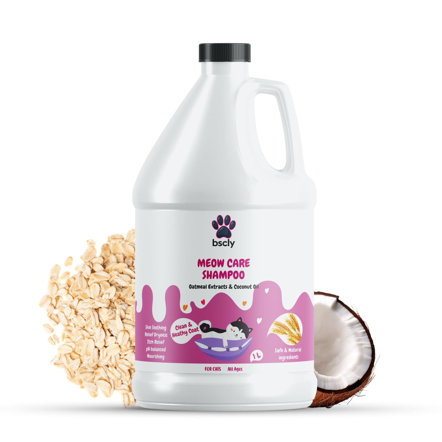 Bscly Meow Cat Shampoo - Enriched with Oatmeal Extract & Coconut Oil - Moisturizes & Heals Skin Cat Shampoo for Persian Cat Hair Fall, Normal Cat, Kitten Shampoo, 1000 ml