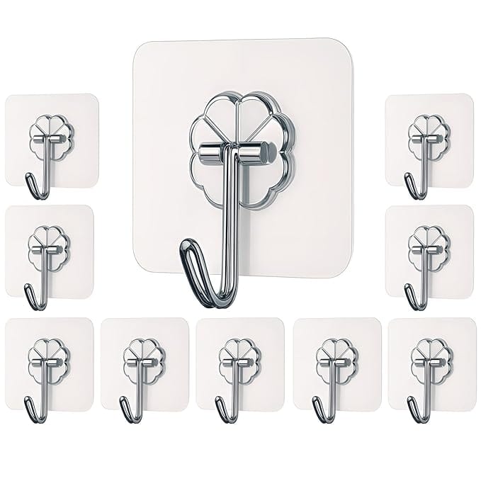Self Adhesive Wall Hooks - Heavy Duty Wall Hooks for Hanging | Nail Free Sticky Hooks for Wall Heavy Items Without Drilling, Transparent Wall Hanger Hook (10)