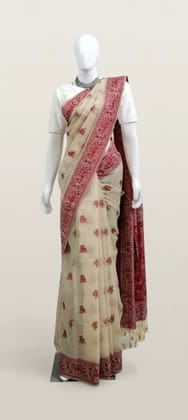 Saura Art Cotton Saree Cream Red Village Scene Pallu