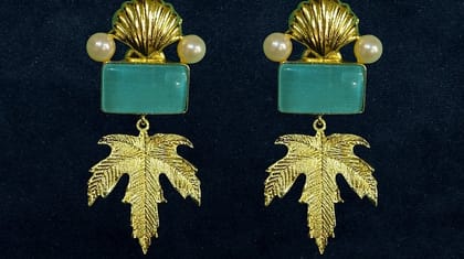 Bilasita Brass Leaf Drop Earrings (Teal & Gold) | Contemporary Earthy Style | Casual & Ethnic Wear