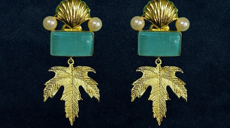 Bilasita Brass Leaf Drop Earrings (Teal & Gold) | Contemporary Earthy Style | Casual & Ethnic Wear